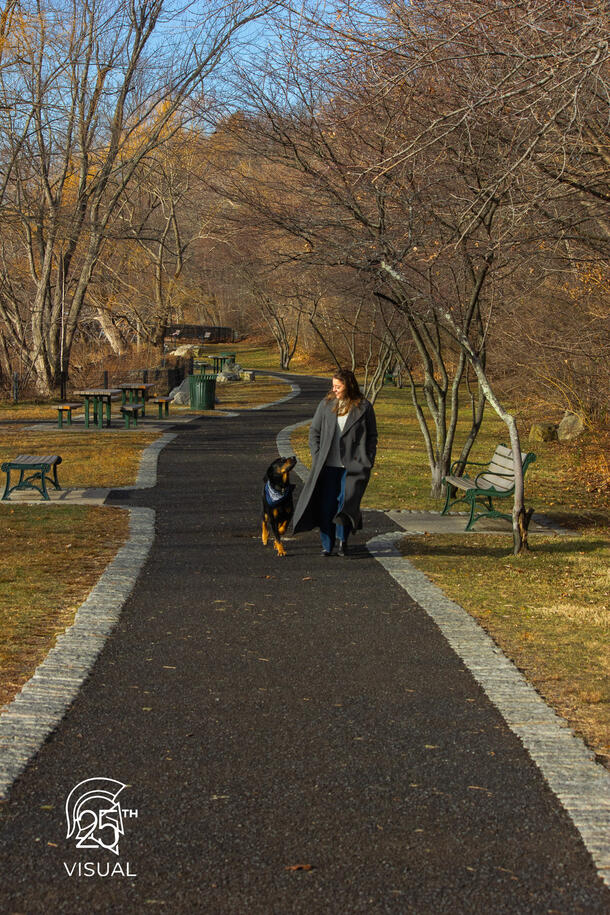 Constantina and her dog, Jeff, on a walk; pet photogoraphy Constantina and her dog, Jeff, on a walk; pet photogoraphy